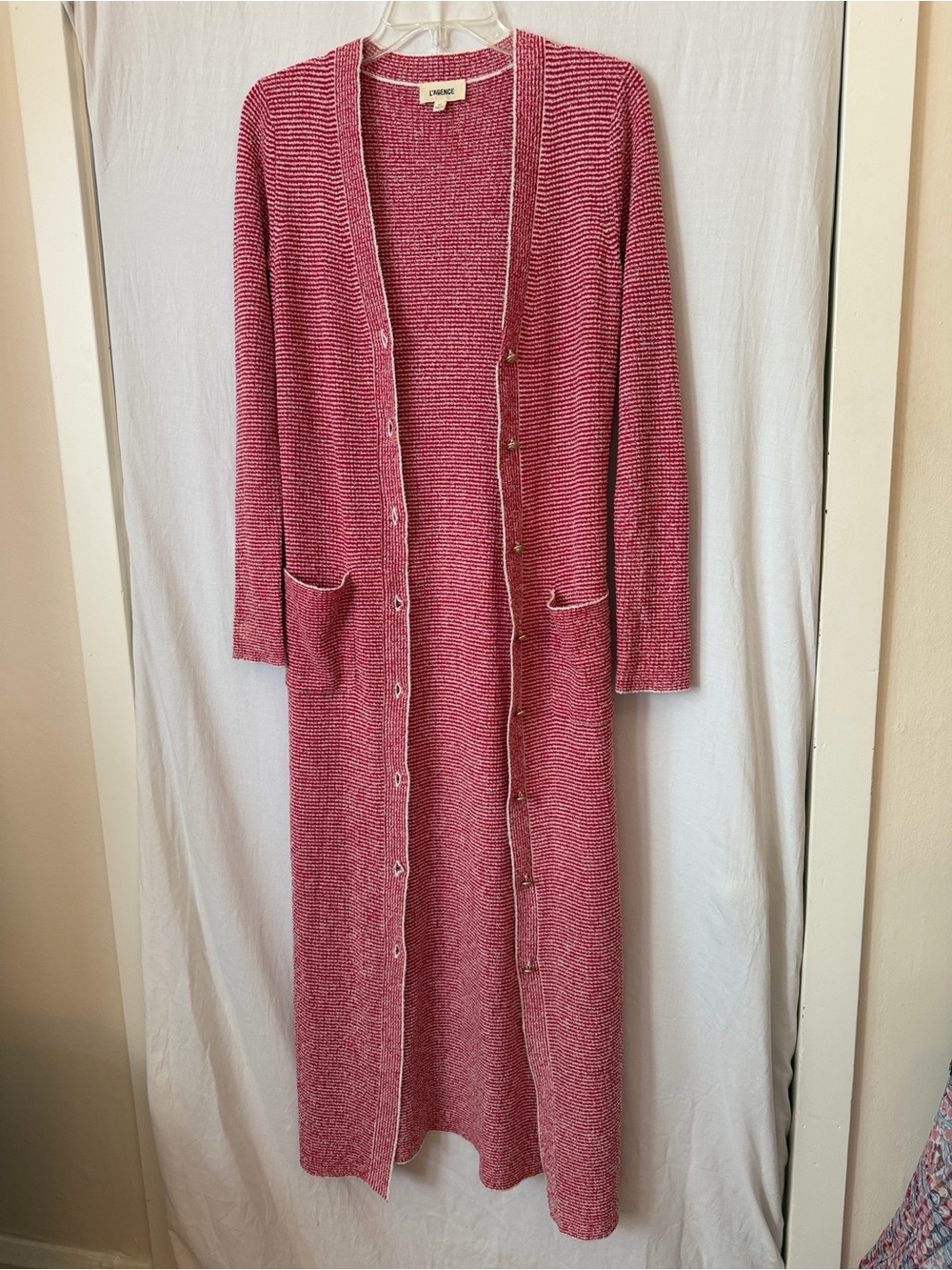 L’AGENCE Striped Longline Button Front Cardigan Red White S/P